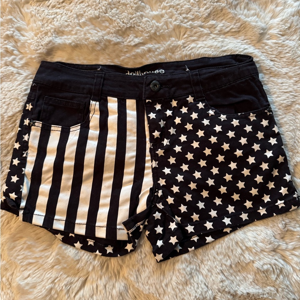Dollhouse Black and White Jean Shorts with Star and Stripe Design
